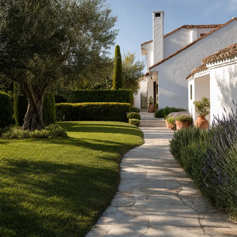 Jardín residencial cuidado en Madrid con camino de piedra, césped segado y setos recortados